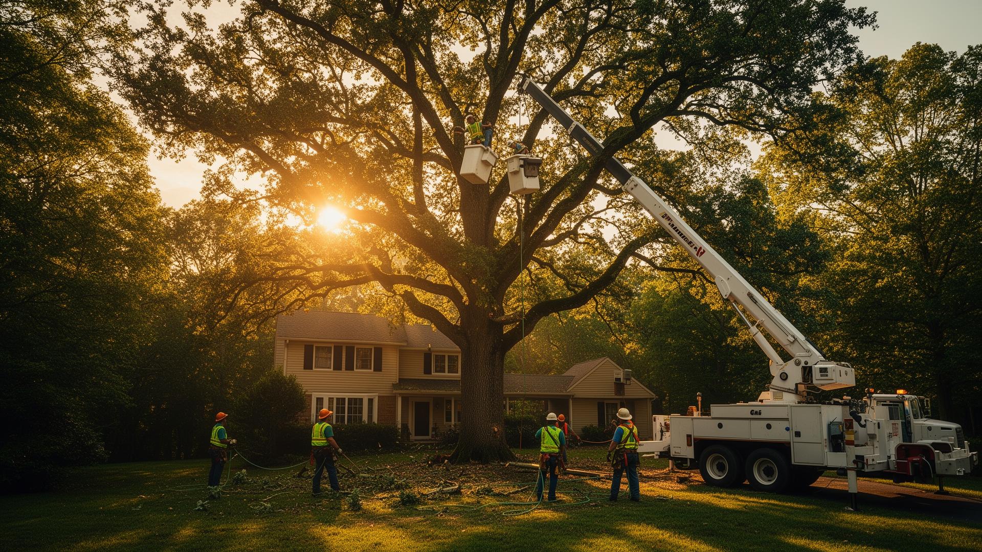 Hagan's Tree Service arborists removing a large oak with a crane at golden hour